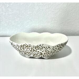 Serving Bowl Scalloped Edge White and Gold Speckled Oval Ceramic Dish